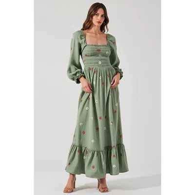 Modenaire Floral-embroidered Smocked Tiered Open-back Maxi Dress In Green