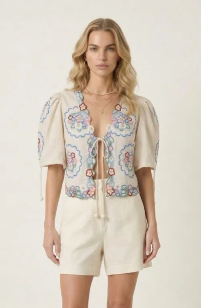 Modenaire Floral Embroidered Tie Front Cropped Top In Black