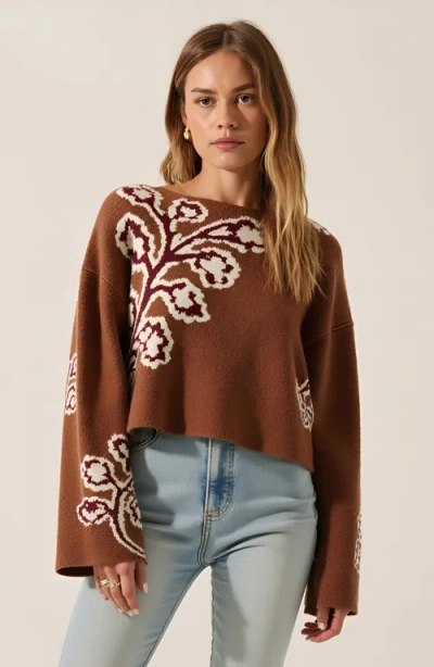 Modenaire Floral Jacquard Knit Sweater With Boat Neckline And Drop Shoulder Wide Sleeves In Brown