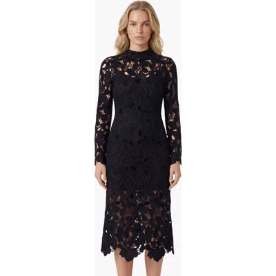 Modenaire Floral Lace Mock Neck Midi Dress In Black