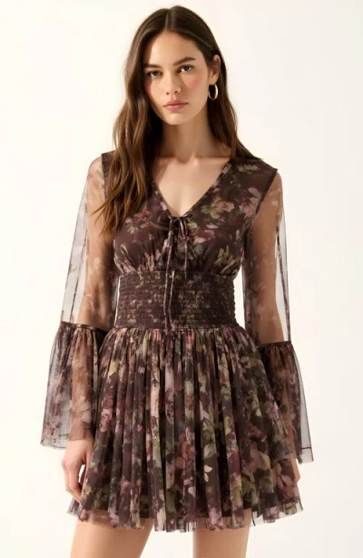 Modenaire Floral Long Sleeve Mini Dress With Smocked Waist And Flared Skirt In Multi