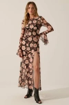 Modenaire Floral Mesh Maxi Dress With Trumpet Sleeves, Drop Waist And Asymmetrical Slit Skirt In Pink