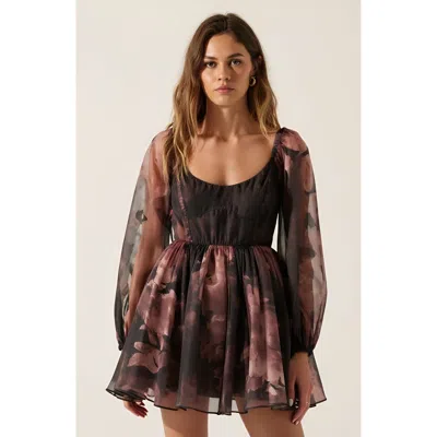 Modenaire Floral Organza Bubble-sleeve Tulle-layered Mini Dress In Black