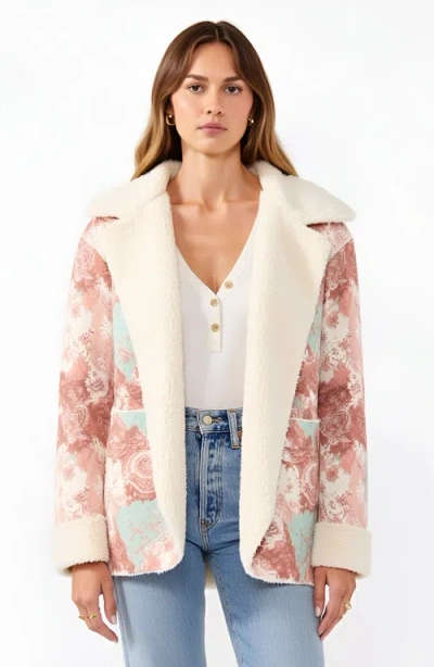 Modenaire Floral Patchwork Plush Trim Oversized Hood Fleece Jacket In Pink