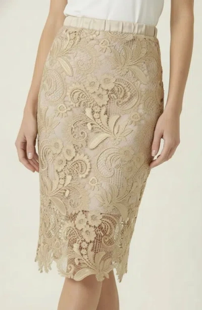 Modenaire Floral Pattern Scalloped Hem Lace Skirt In Neutral