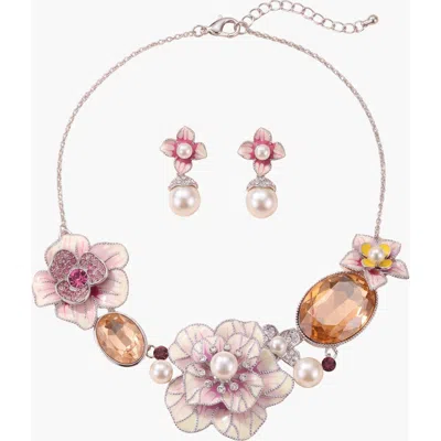 Modenaire Floral Pearl Statement Necklace And Earrings Set In Multi