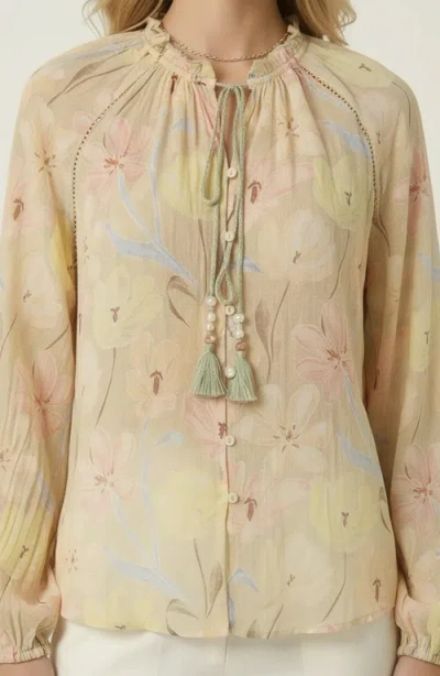 Modenaire Floral Print Blouse With Tassel Tie Neck And Long Sleeve In Brown