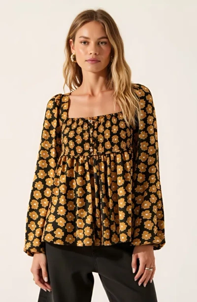 Modenaire Floral Print Smocked Bodice Long Sleeve Top With Square Neckline In Brown