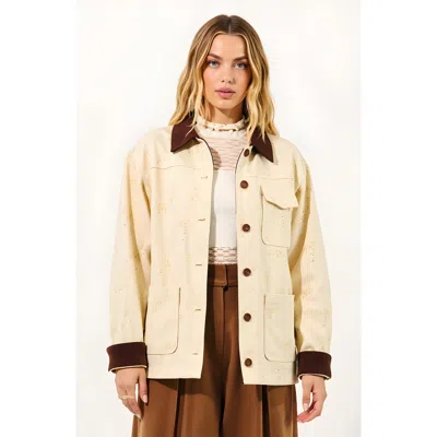 Modenaire Floral Print Utility Jacket With Contrast Corduroy Collar And Cuffs In Gold