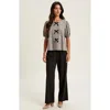 Modenaire Floral Puff-sleeve Crewneck Velvet Bow-accented Blouse In Neutral