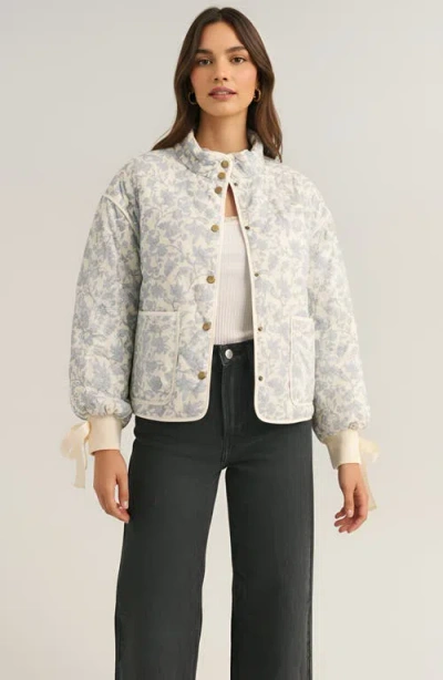 Modenaire Floral Quilted Jacket With Puff Sleeves And Satin Bow Cuffs In White