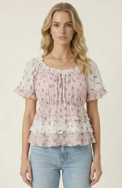 Modenaire Floral Tie Neckline Peplum Top In Pink