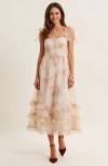Modenaire Floral Tie-shoulder Ruched Bodice Tiered Midi Dress In Neutral
