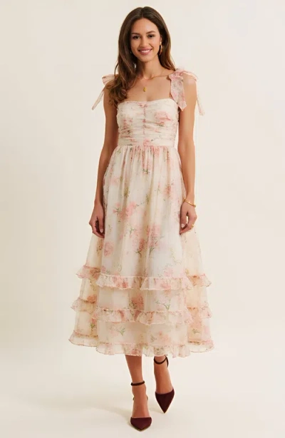 Modenaire Floral Tie-shoulder Ruched Bodice Tiered Midi Dress In Neutral