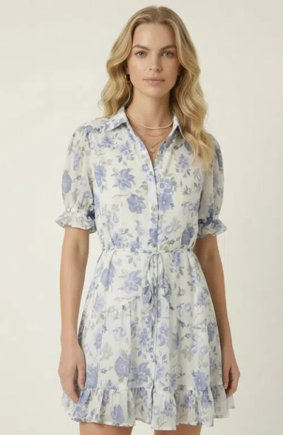 Modenaire Floral Tie Waist Shirt Dress In White