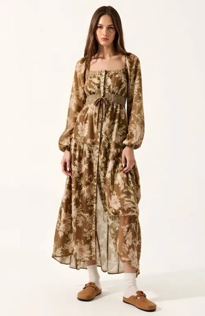 Modenaire Floral Woven Maxi Dress With Lace Trim, Bubble Sleeves And Button Front In Brown