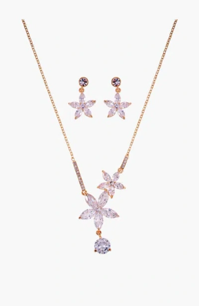 Modenaire Flower Crystal Necklace & Earrings Set In Gold