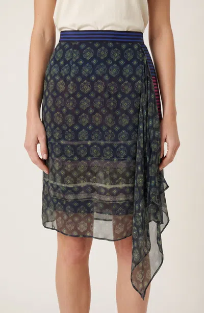 Modenaire Geometric Print Chiffon Midi Skirt With Draped Asymmetric Side Panel In Green