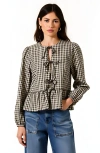 Modenaire Gingham Peplum Blouse With Front Tie And Ruffle Hem In Multi