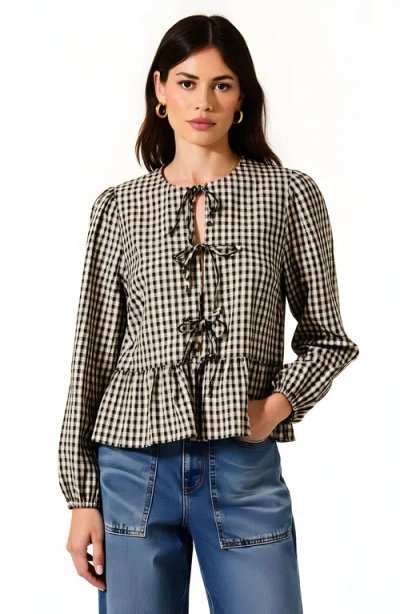 Modenaire Gingham Peplum Blouse With Front Tie And Ruffle Hem In Multi