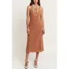 Modenaire Golden Textured Zippered Midi Dress