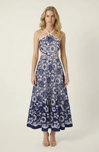 Modenaire Halter Dress With Vintage Embroidery And Cutout Waist In Blue