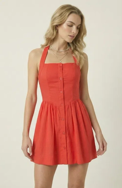 Modenaire Halter Mini Dress With Button Front And Flared Skirt In Red