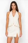 Modenaire Halter Neck Button Front Vest And Mini Skirt Set In Ivory
