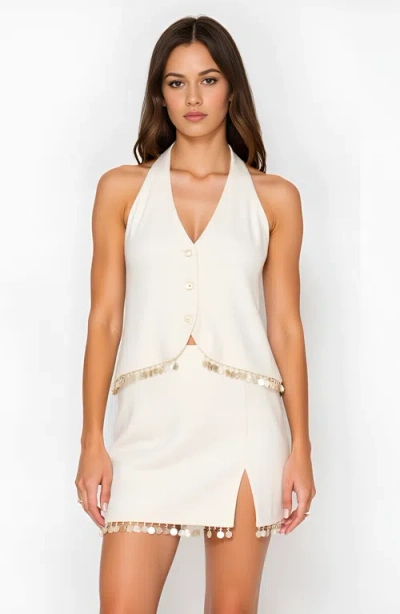 Modenaire Halter Neck Button Front Vest And Mini Skirt Set In Ivory