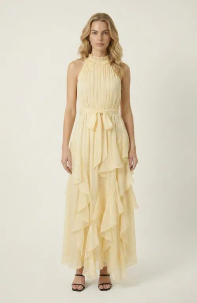 Modenaire Halter Neck Ruffle Layer Waist Tie Maxi Dress In Yellow