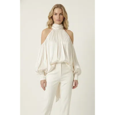Modenaire High Neck Cold Shoulder Satin Blouse In White