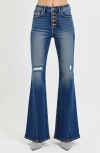 Modenaire High Rise Flare Jeans With Button Fly And Distressed Detail In Deep Indigo