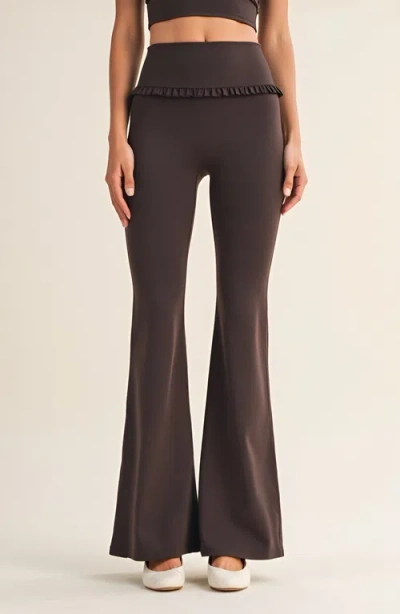 Modenaire High Waist Flare Pants With Ruffle Trim Waist And Stretch Fit In Blue