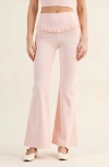 Modenaire High Waist Flare Pants With Ruffle Trim Waist And Stretch Fit In Pink