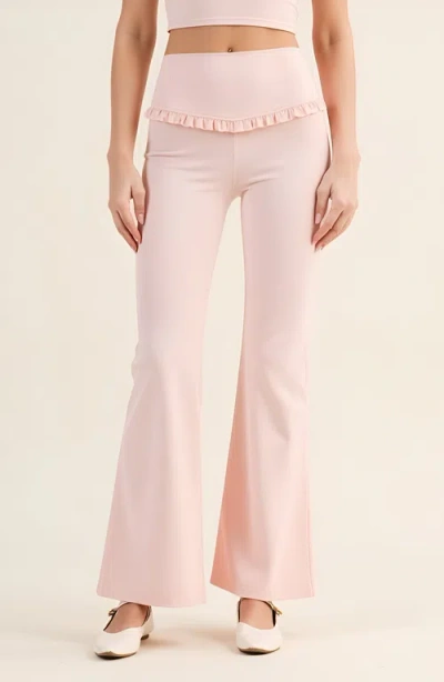 Modenaire High Waist Flare Pants With Ruffle Trim Waist And Stretch Fit In Pink