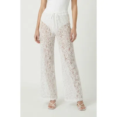 Modenaire High Waist Lace Pants With Sheer Floral Overlay And Drawstring Waist In White