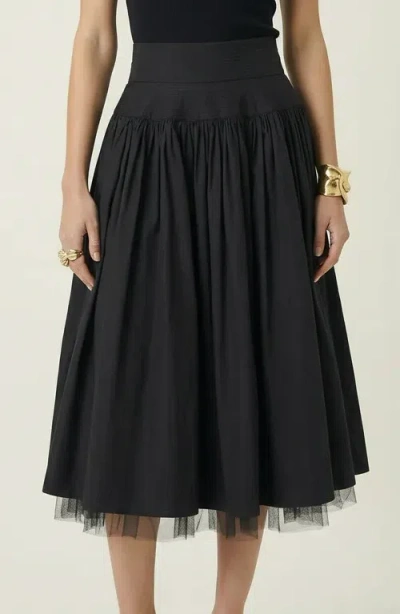Modenaire High Waist Midi Skirt With Tulle Hem In Black