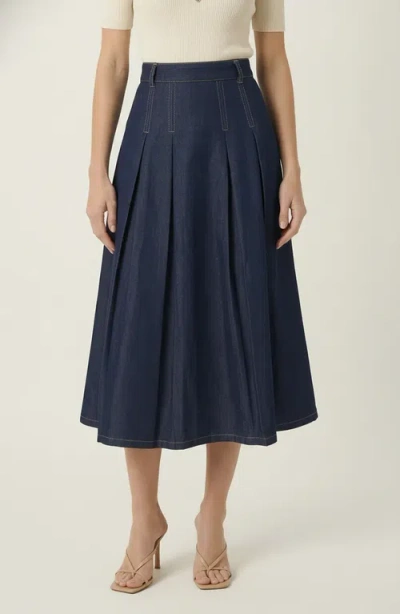 Modenaire High Waist Pleated Detail A-line Midi Skirt In Blue