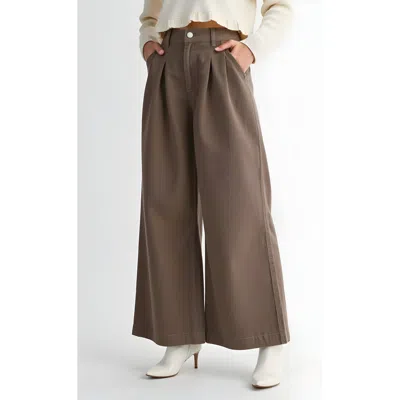 Modenaire High-waist Wide-leg Front-pleated Side-pocket Pants In Brown