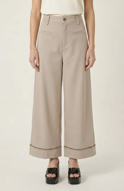 Modenaire High Waist Wide Leg Pants With Embroidered Hem And Patch Pockets In Khaki