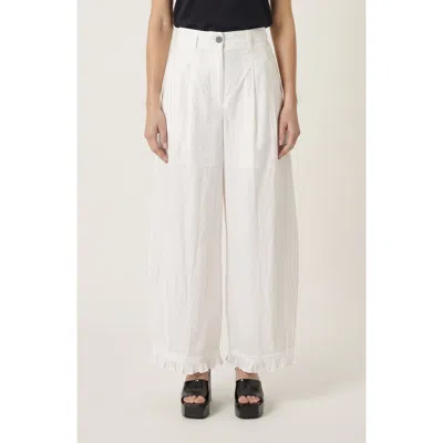 Modenaire High Waist Wide Leg Pants With Pleats And Ruffle Trim Hems In White