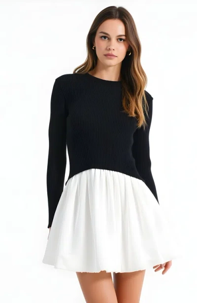 Modenaire Knit And Woven Fit-and-flare Mini Dress With Ribbed Long Sleeve Top In Multi