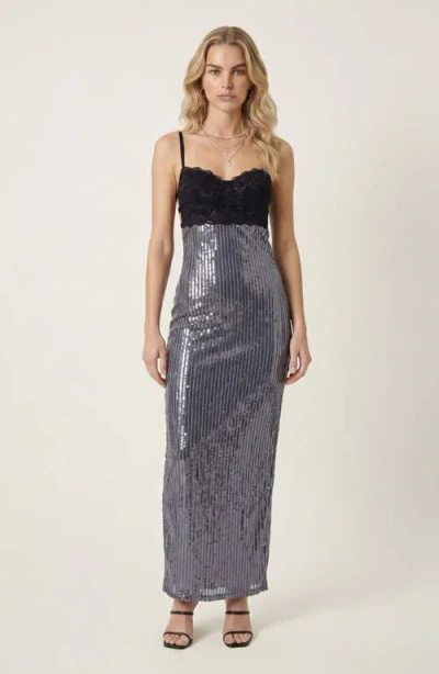 Modenaire Lace Bustier Open Back Sequin Maxi Dress In Black