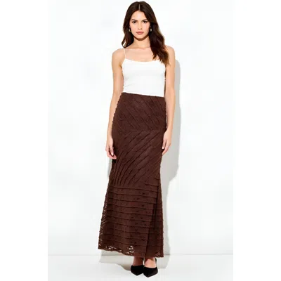Modenaire Lace Maxi Skirt With Diagonal Panel Detailing And Flared Hem In Brown