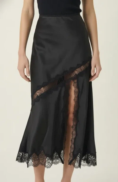 Modenaire Lace Trim Asymmetric Satin Midi Skirt With Contrast Panel In Black