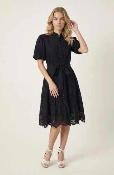 Modenaire Lace Trim Puff Sleeve Midi Dress With Waist Tie In Black