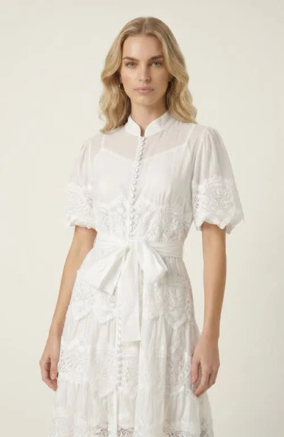 Modenaire Lace Trim Puff Sleeve Midi Dress With Waist Tie In White