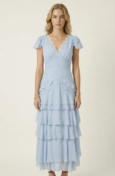 Modenaire Lace Trim Tiered Maxi Dress In Blue