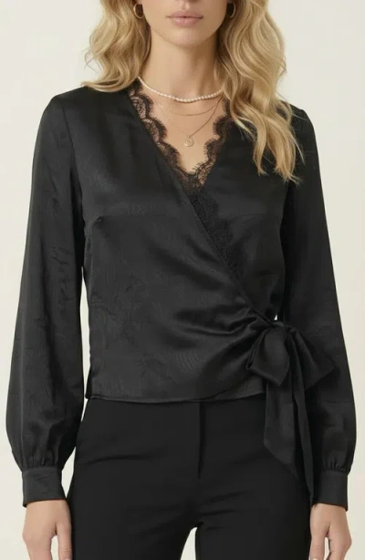 Modenaire Lace Trim V-neck Wrap Blouse In Black