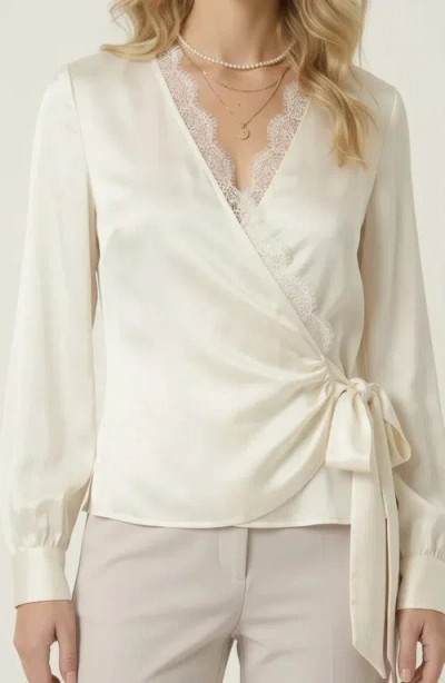 Modenaire Lace Trim V-neck Wrap Blouse In White